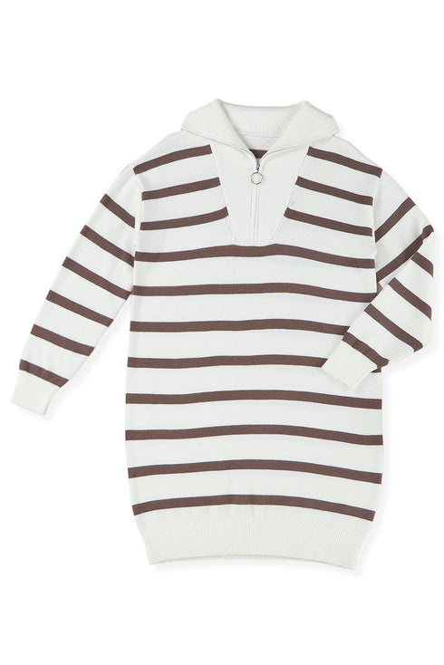 Striped O-Ring Zip Front Collared Drop Shoulder Long Sleeve Sweater Dress
